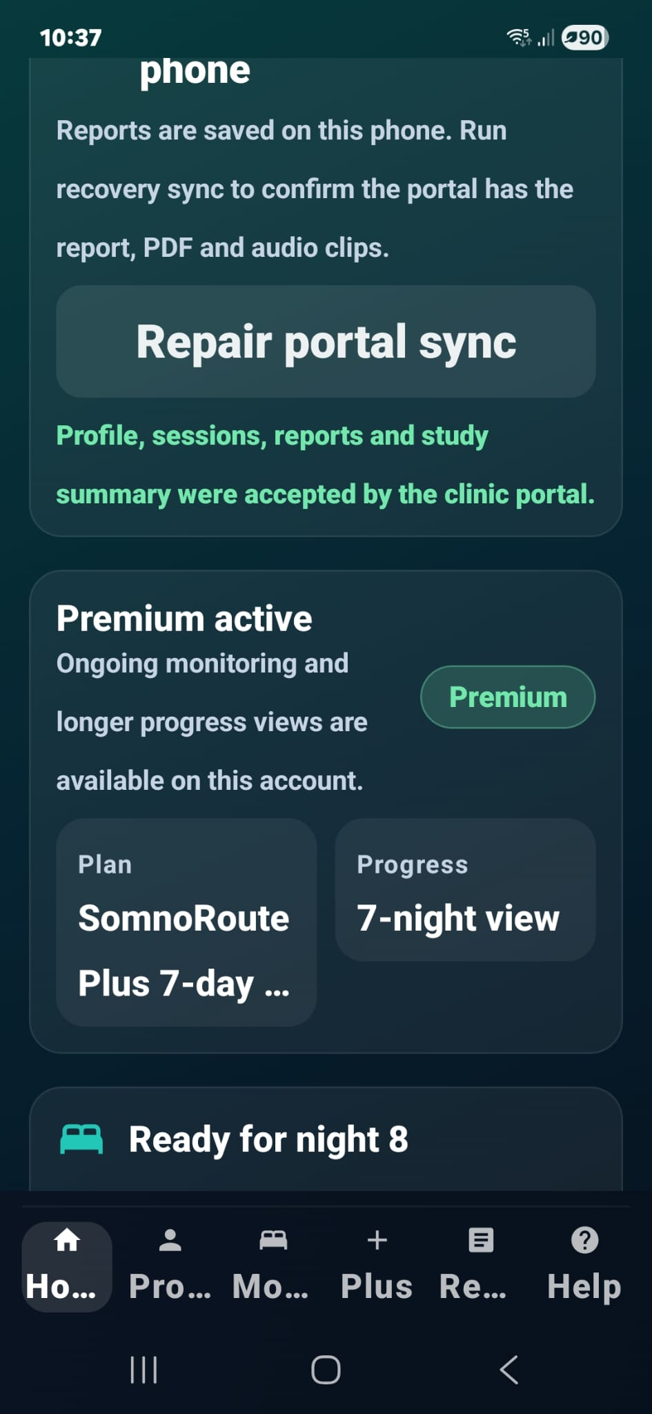 Aktueller SomnoRoute-Startbildschirm mit Portalsynchronisierung, Premium-Status, Planfortschritt und Status „Bereit für die Nacht“.