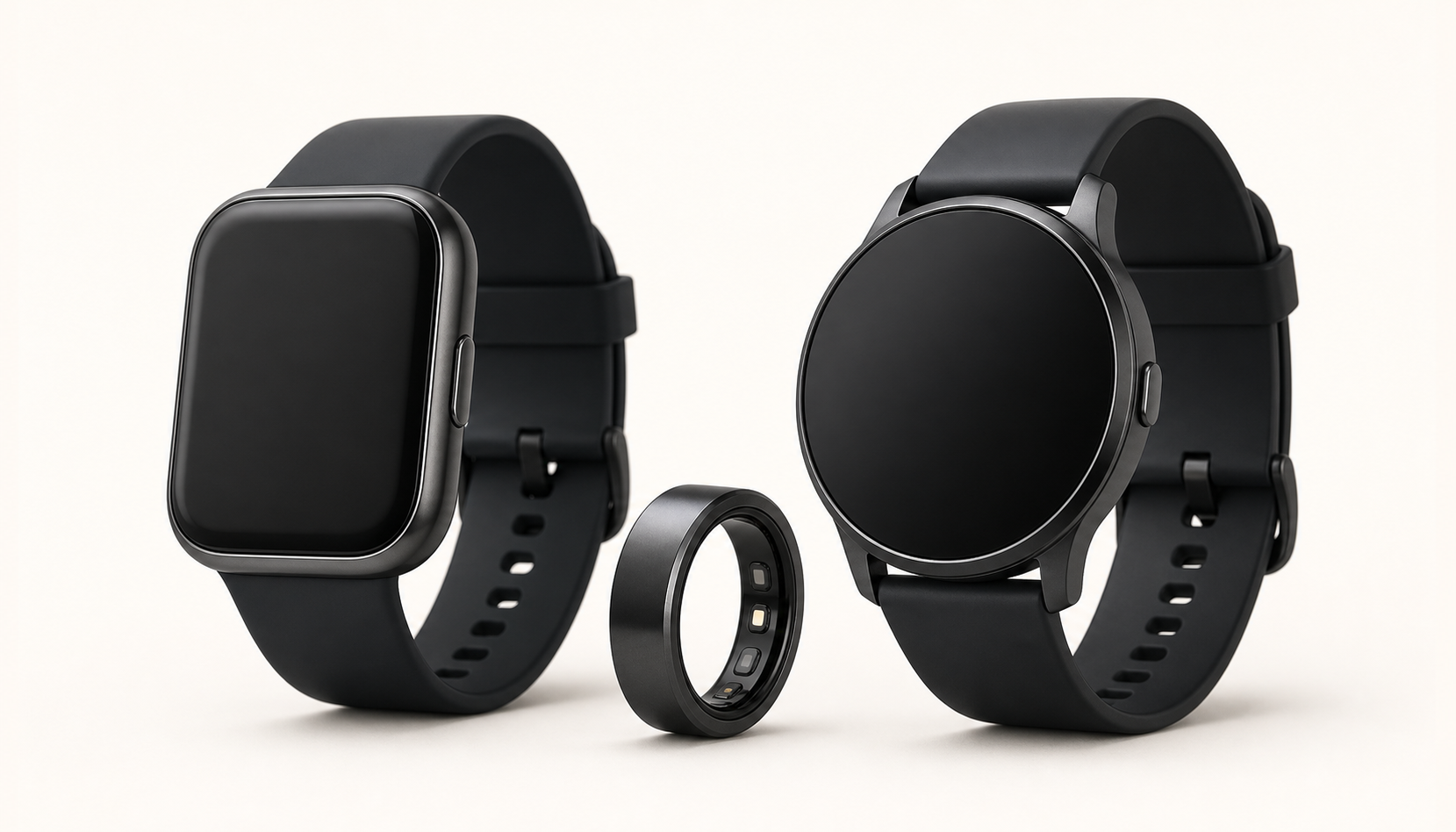 Zwei generische Smartwatches ohne Markenzeichen und ein Smart Ring, der vernetzte Schlafgeräte darstellt